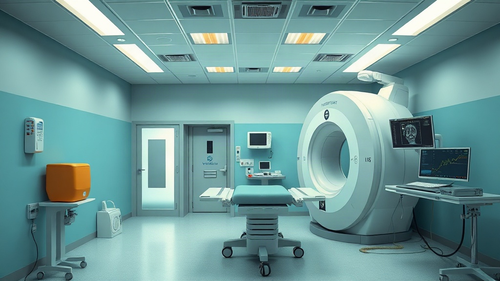Modern radiotherapy linear accelerator treatment room with patient couch and ceiling-mounted LINAC gantry