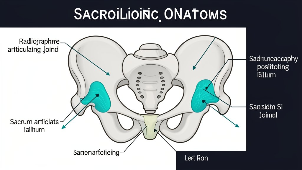 Educational diagram of the sacroiliac joints showing the articulation between the sacrum and ilium on both sides