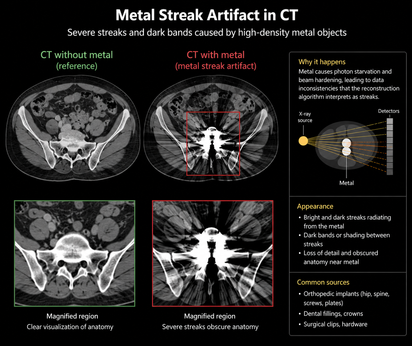Metal streak CT artifact infographic