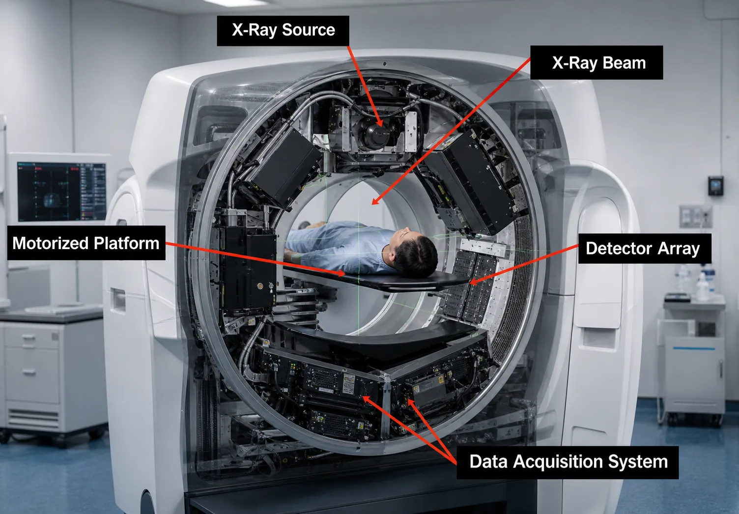 CT scanner with cover removed showing internal gantry components