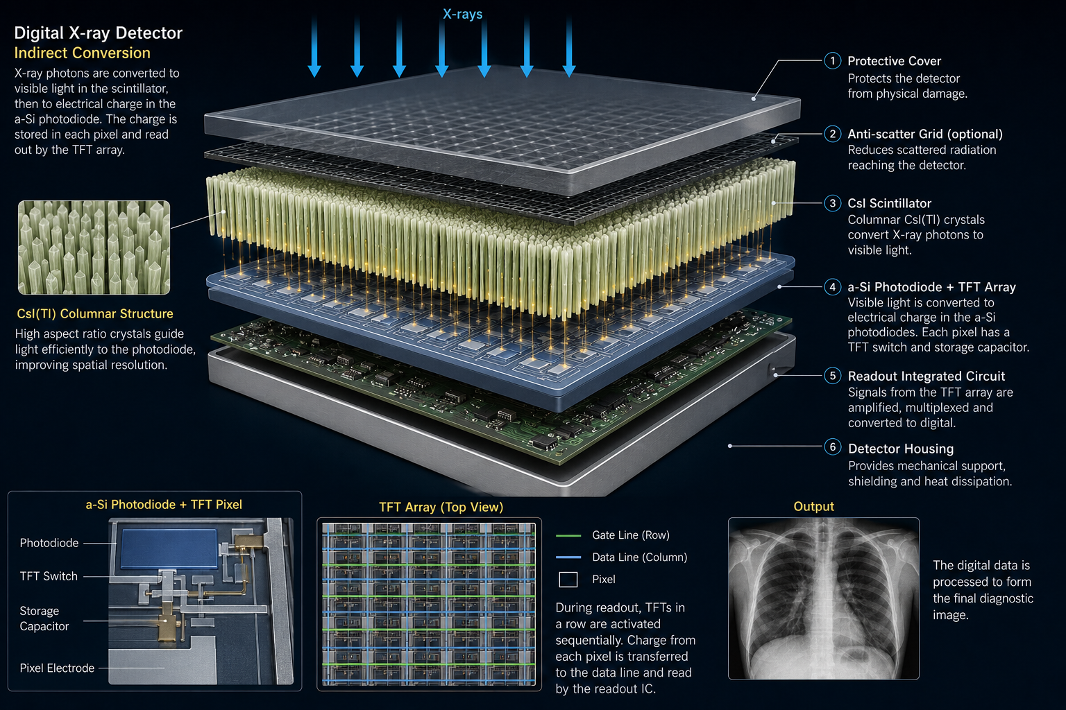 Digital X-ray detector diagram showing protective cover, anti-scatter grid, cesium iodide scintillator, amorphous silicon photodiode and TFT array, readout circuit, detector housing, and computer-processed output image