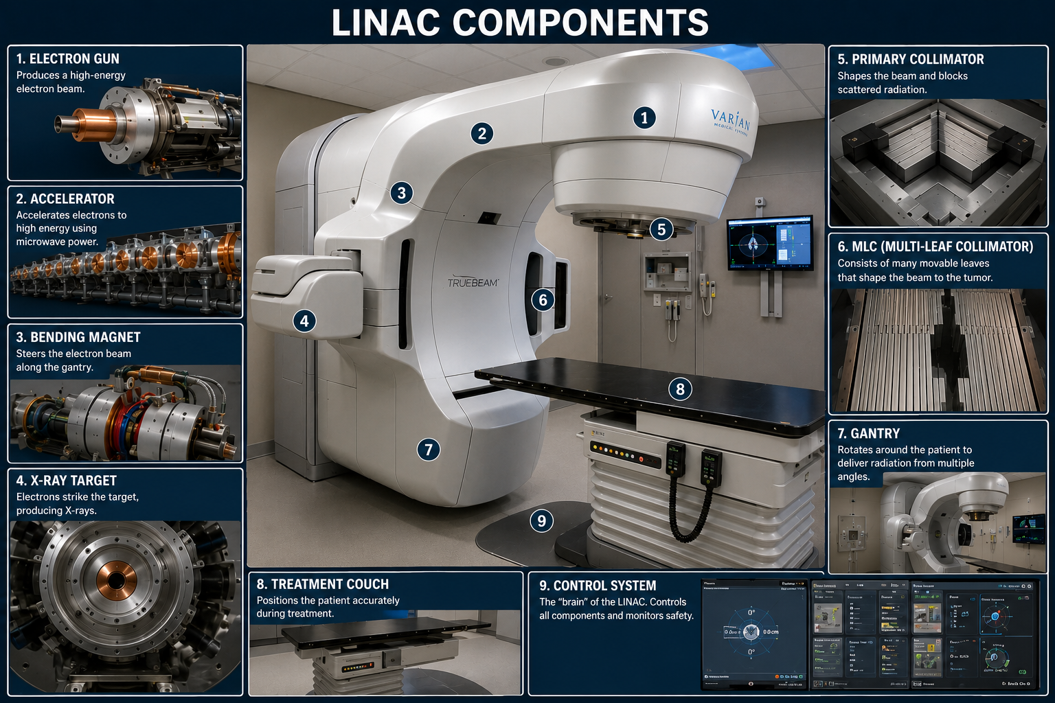 LINAC components infographic labeling electron gun, accelerator, bending magnet, X-ray target, primary collimator, multi-leaf collimator, gantry, treatment couch, and control system
