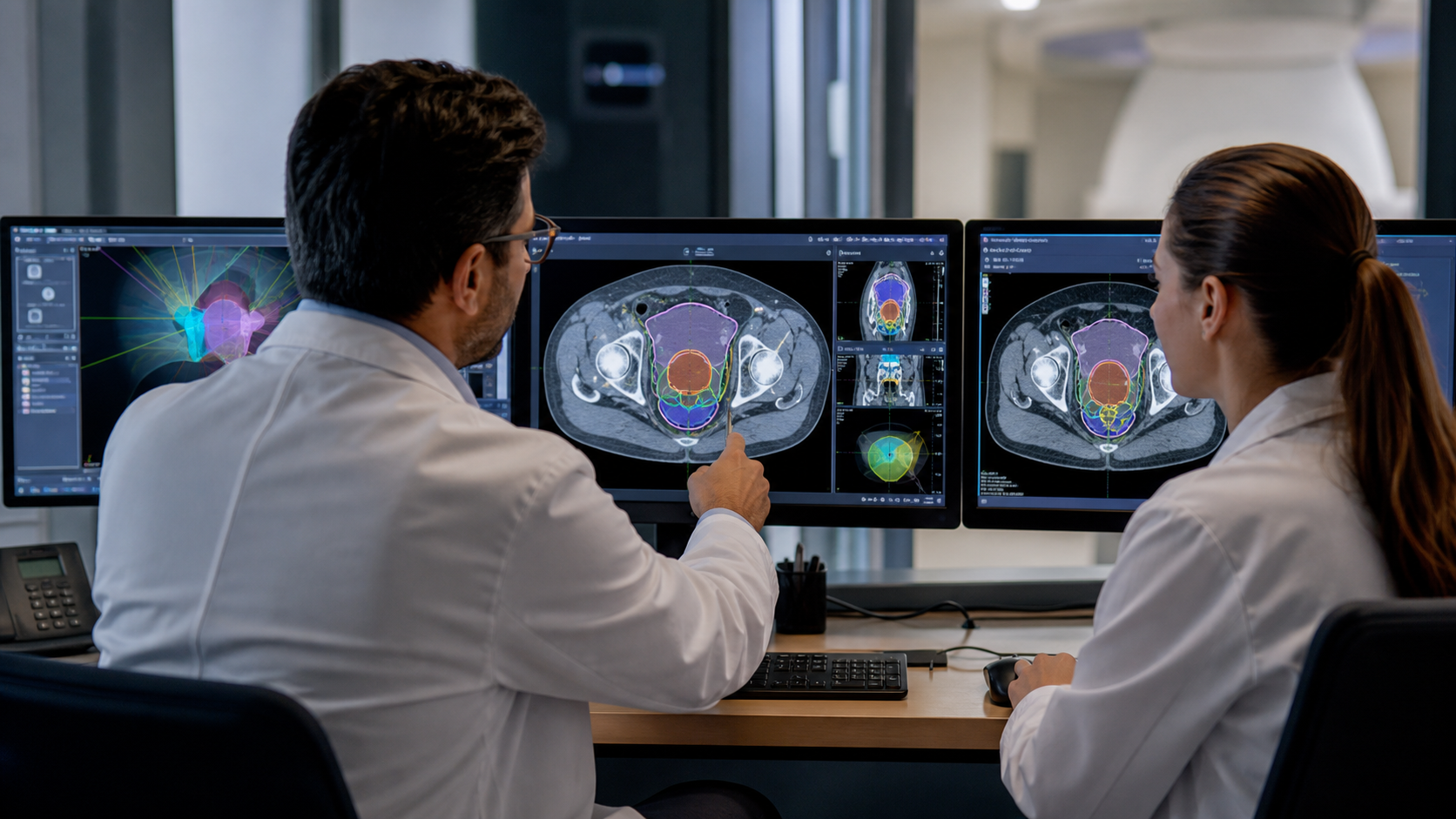 Photorealistic radiation oncology contouring workstation with CT slices and colored target outlines.