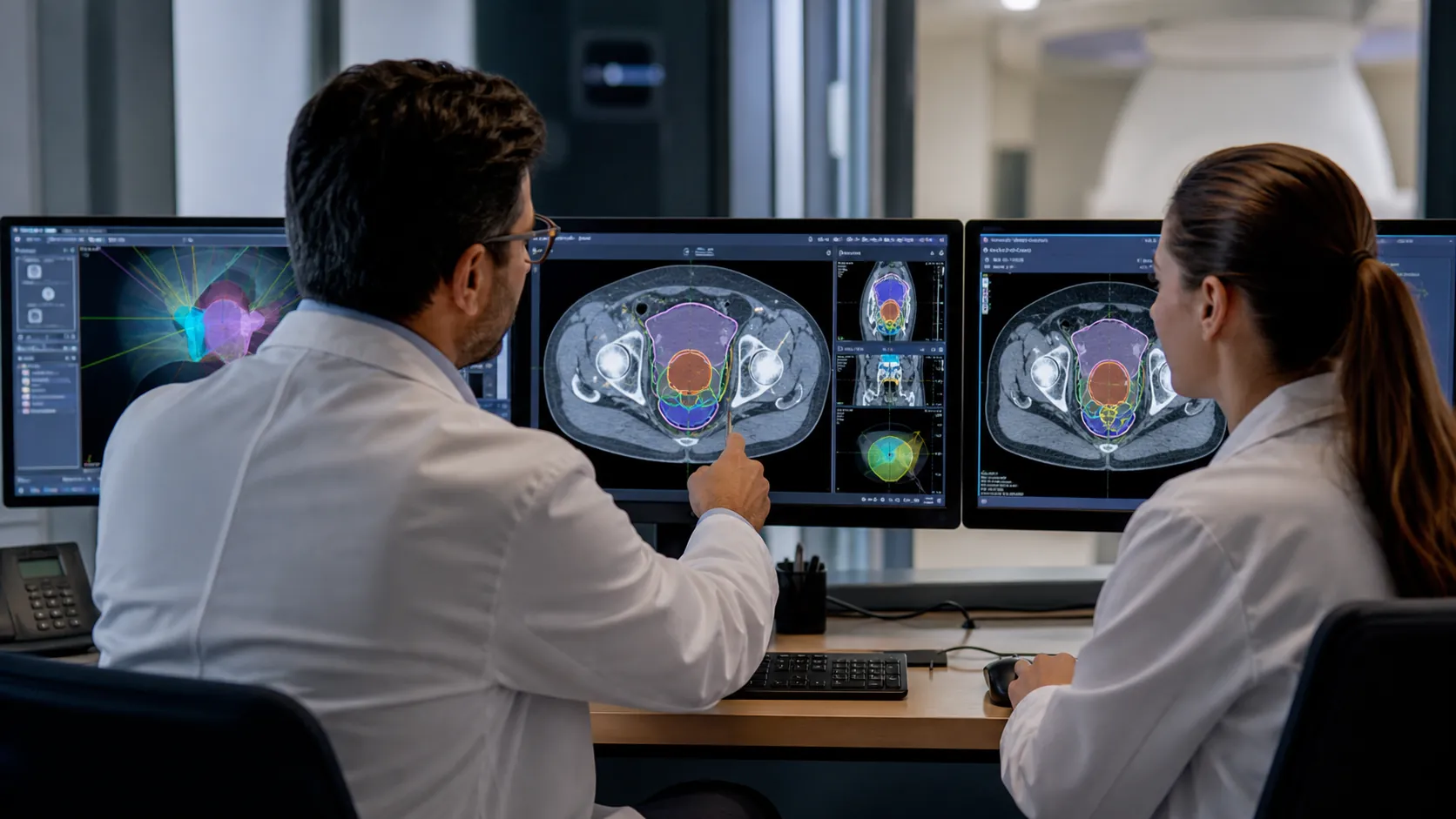 Photorealistic radiation oncology contouring workstation with CT slices and colored target outlines.