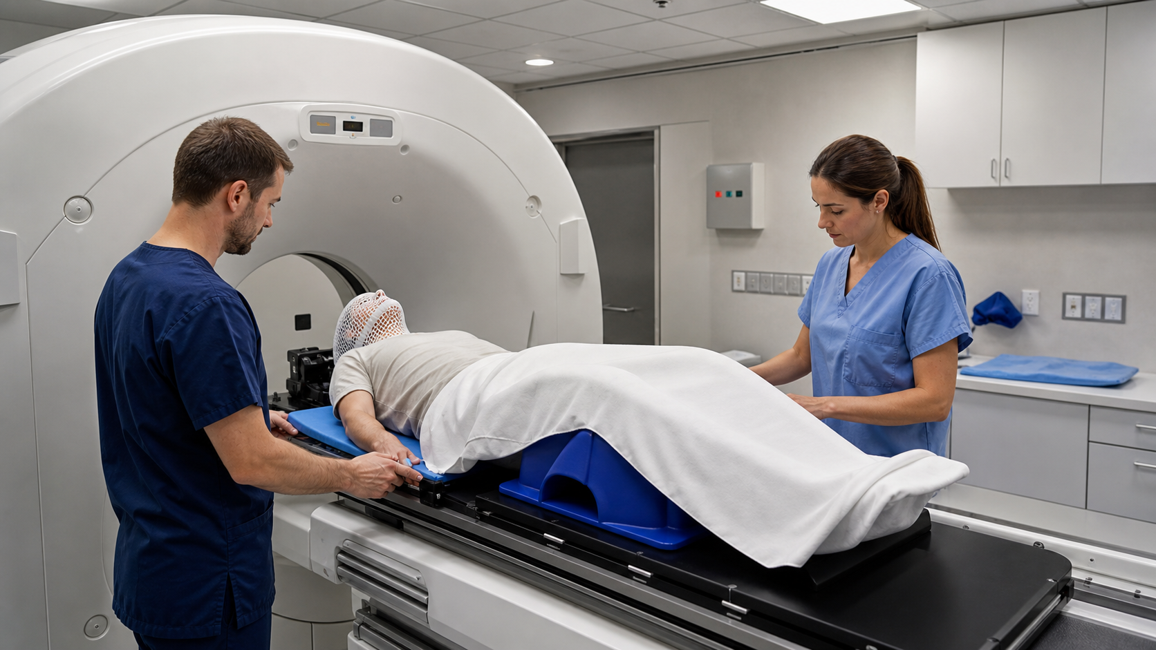 Photorealistic CT simulation setup with patient immobilization in a radiation oncology CT room.