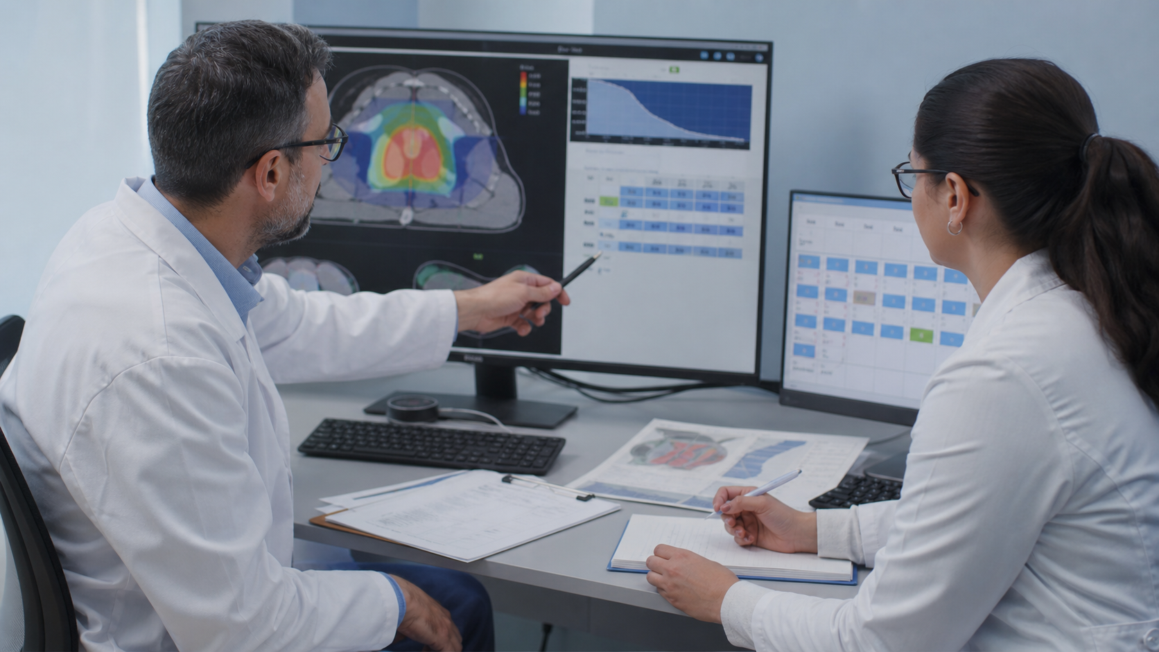 Photorealistic radiotherapy dose prescription and fractionation review at a clinical planning workstation.