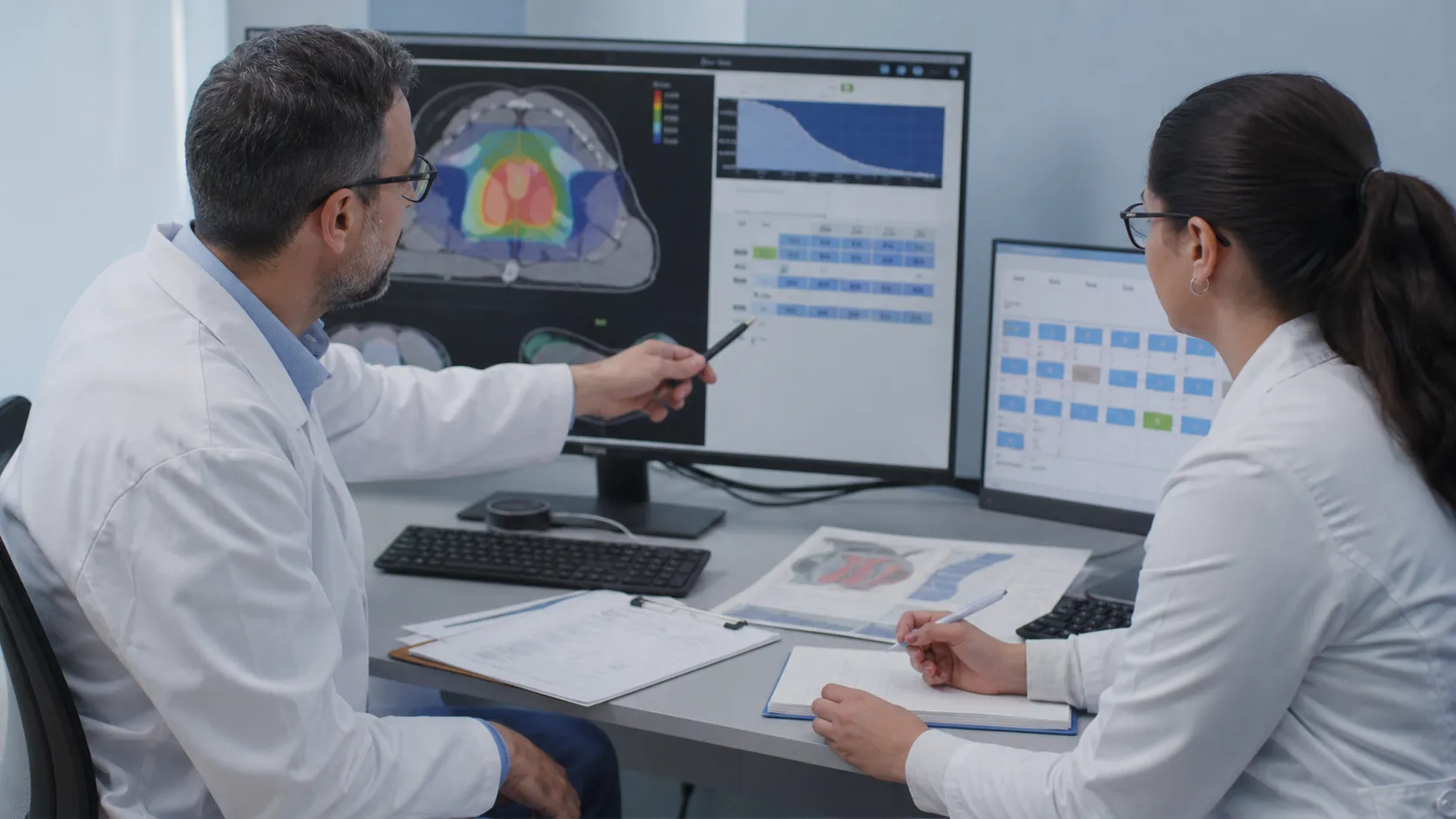 Photorealistic radiotherapy dose prescription and fractionation review at a clinical planning workstation.