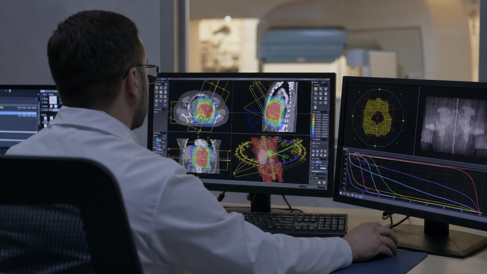 Photorealistic medical physicist using a treatment planning system with beam geometry and dose maps.