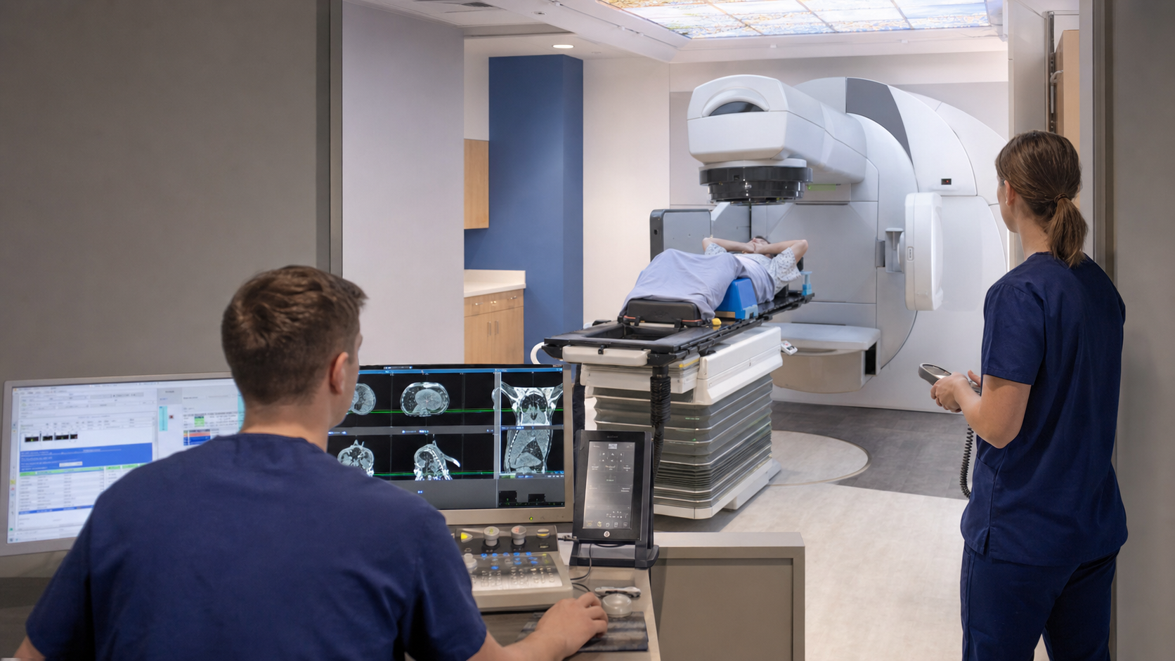 Photorealistic radiation therapists delivering treatment with a patient positioned on a modern LINAC couch.