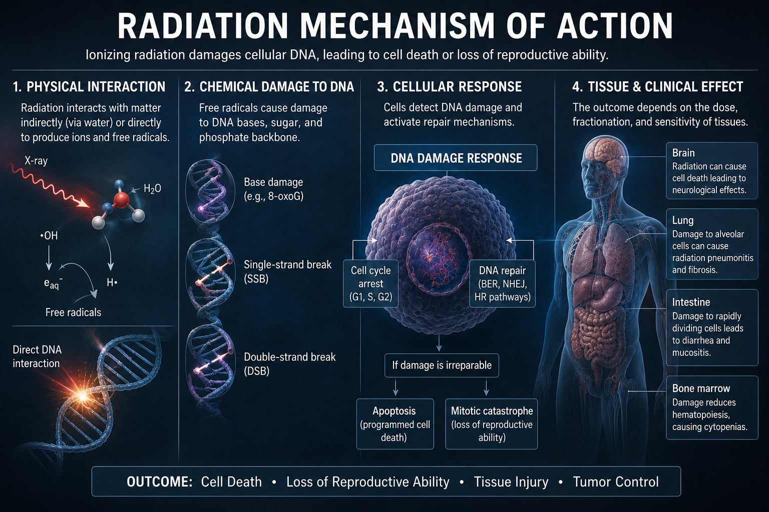 Radiation mechanism of action infographic showing physical interaction, DNA damage, cellular response, and tissue clinical effects