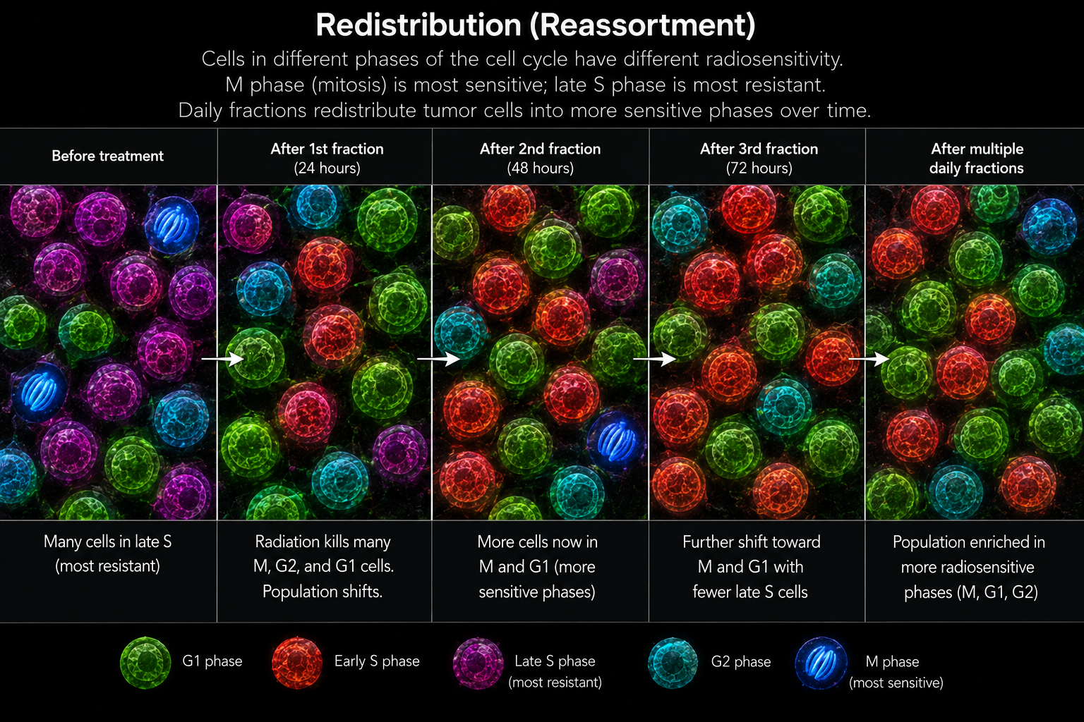 Redistribution reassortment radiobiology infographic showing tumor cells shifting through G1, S, G2, and M cell-cycle phases after repeated fractions