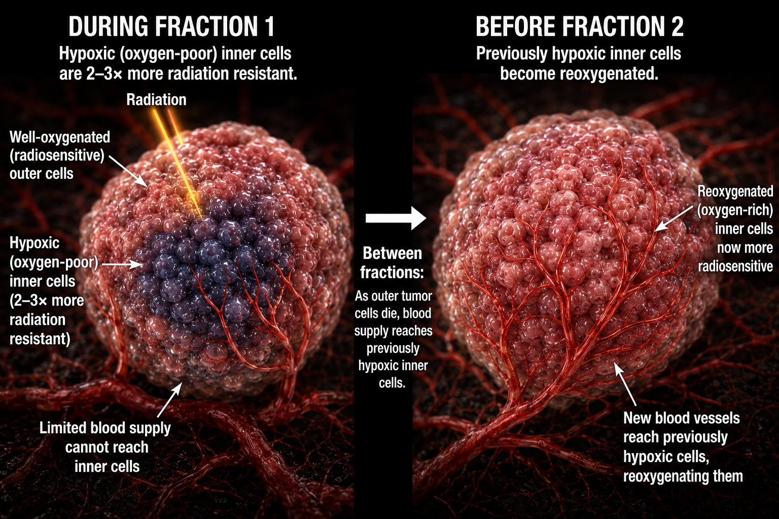 Reoxygenation radiobiology infographic showing hypoxic inner tumor cells becoming oxygen rich and more radiosensitive before the next fraction