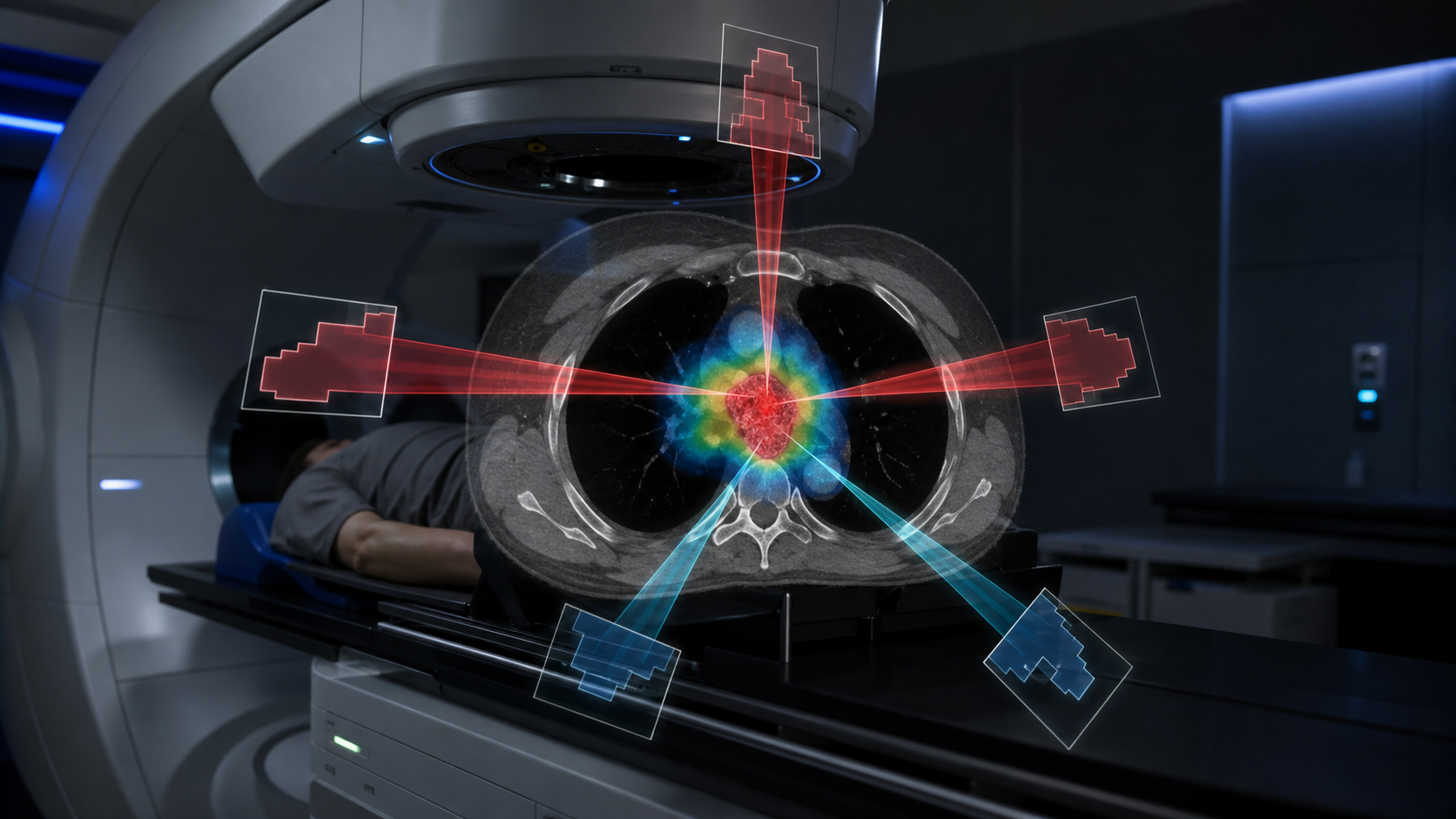 Photorealistic 3D conformal radiotherapy infographic showing fixed shaped beams converging on a tumor target.