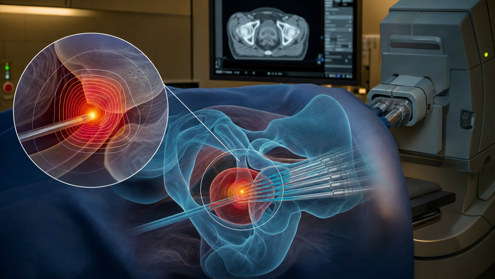 Photorealistic brachytherapy infographic showing an afterloader source path and steep close-range dose falloff.