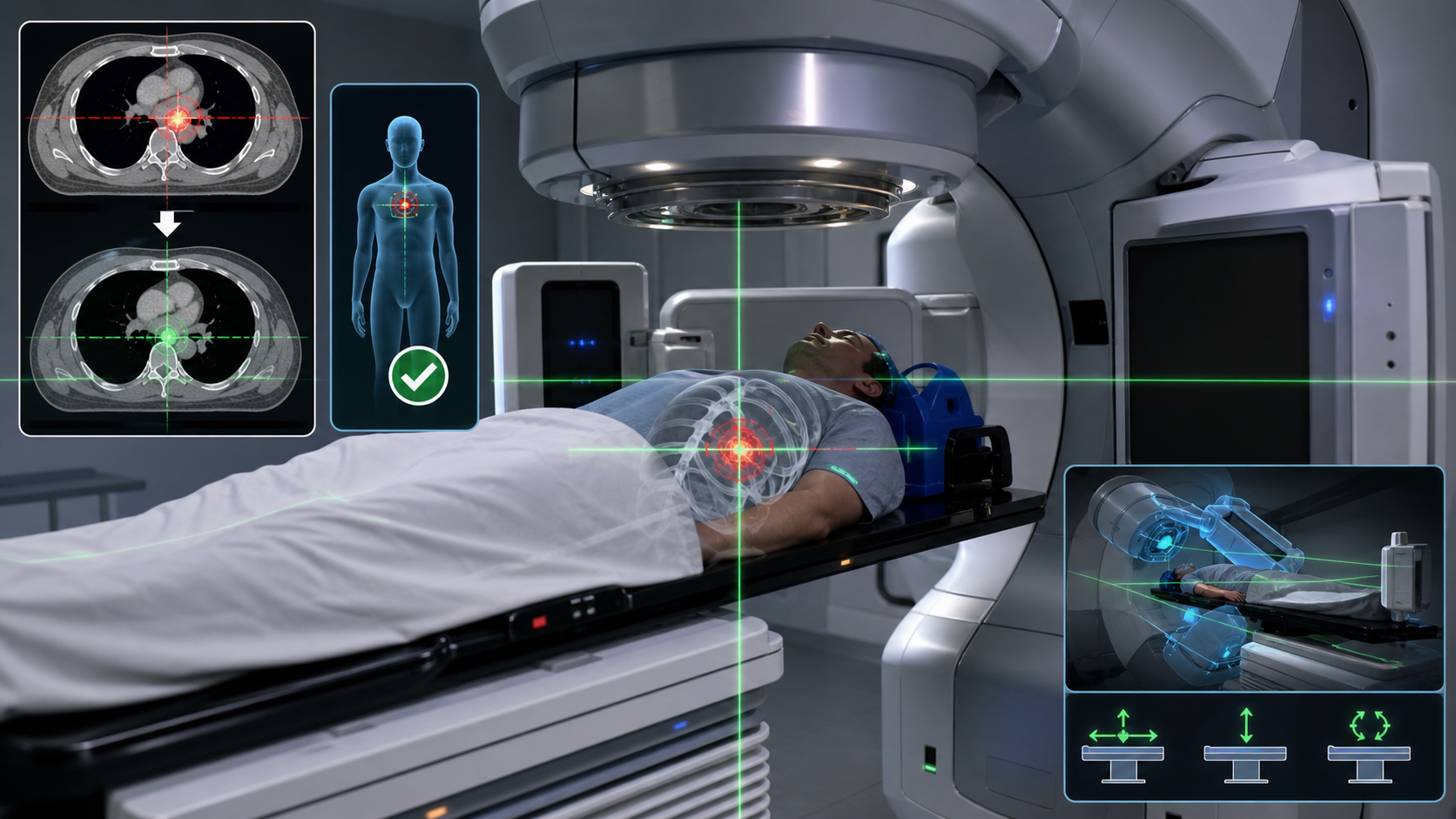 Photorealistic IGRT infographic showing onboard imaging, registration overlays, couch shifts, and target alignment before treatment.