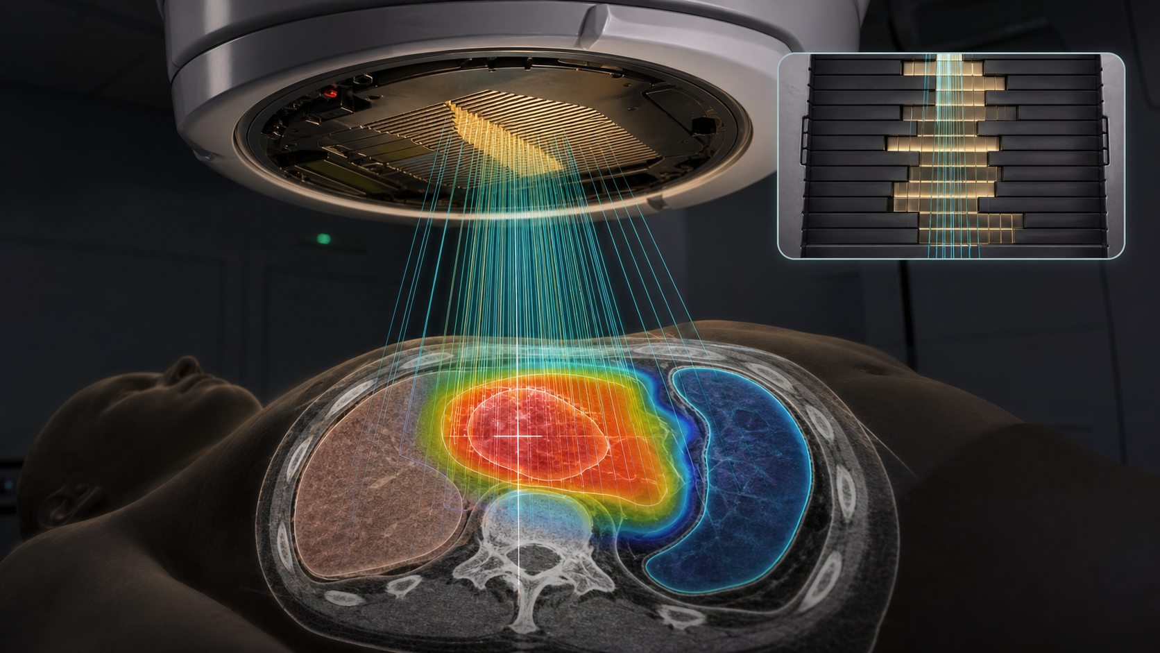Photorealistic IMRT infographic showing MLC leaf modulation and varied beamlet intensity shaping dose around organs at risk.
