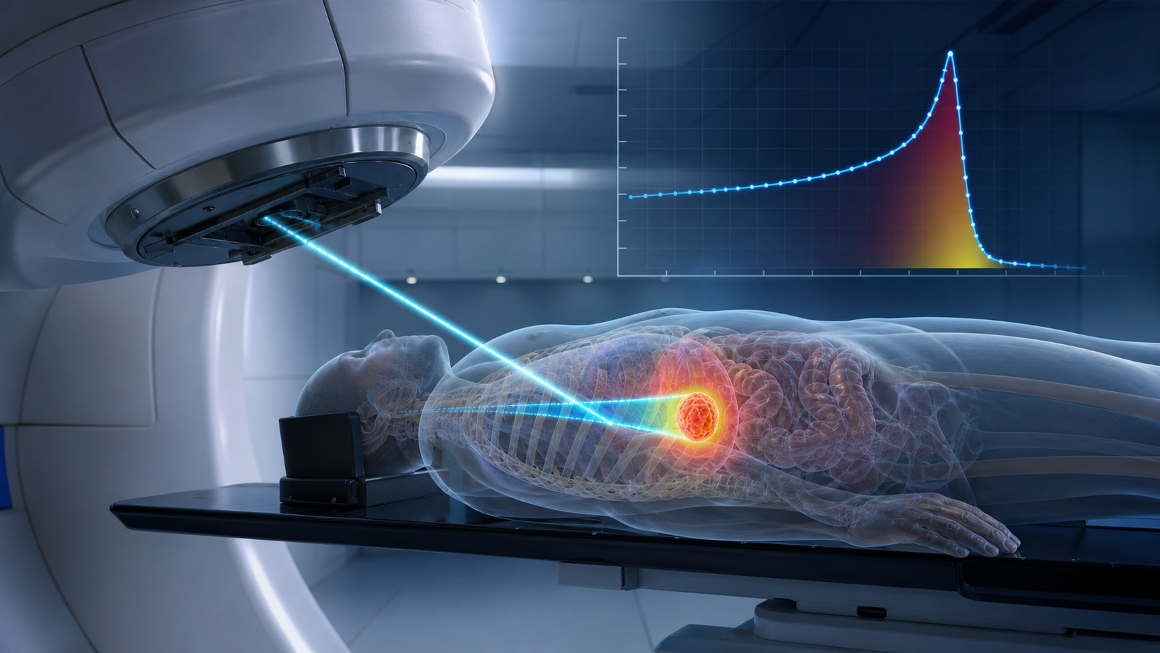 Photorealistic proton therapy infographic showing a beam stopping at the Bragg peak inside a tumor with minimal exit dose.