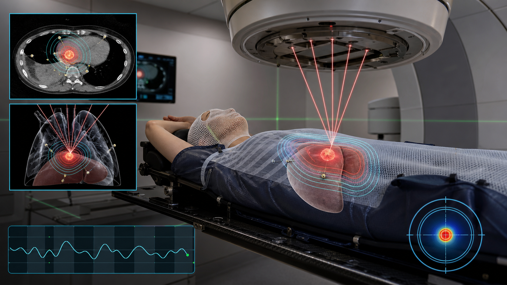 Photorealistic SBRT and SABR infographic showing narrow high-dose beams focused on a small body tumor with immobilization.