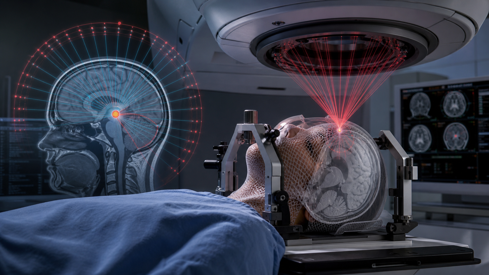 Photorealistic stereotactic radiosurgery infographic showing micro-arcs converging on a small intracranial lesion.