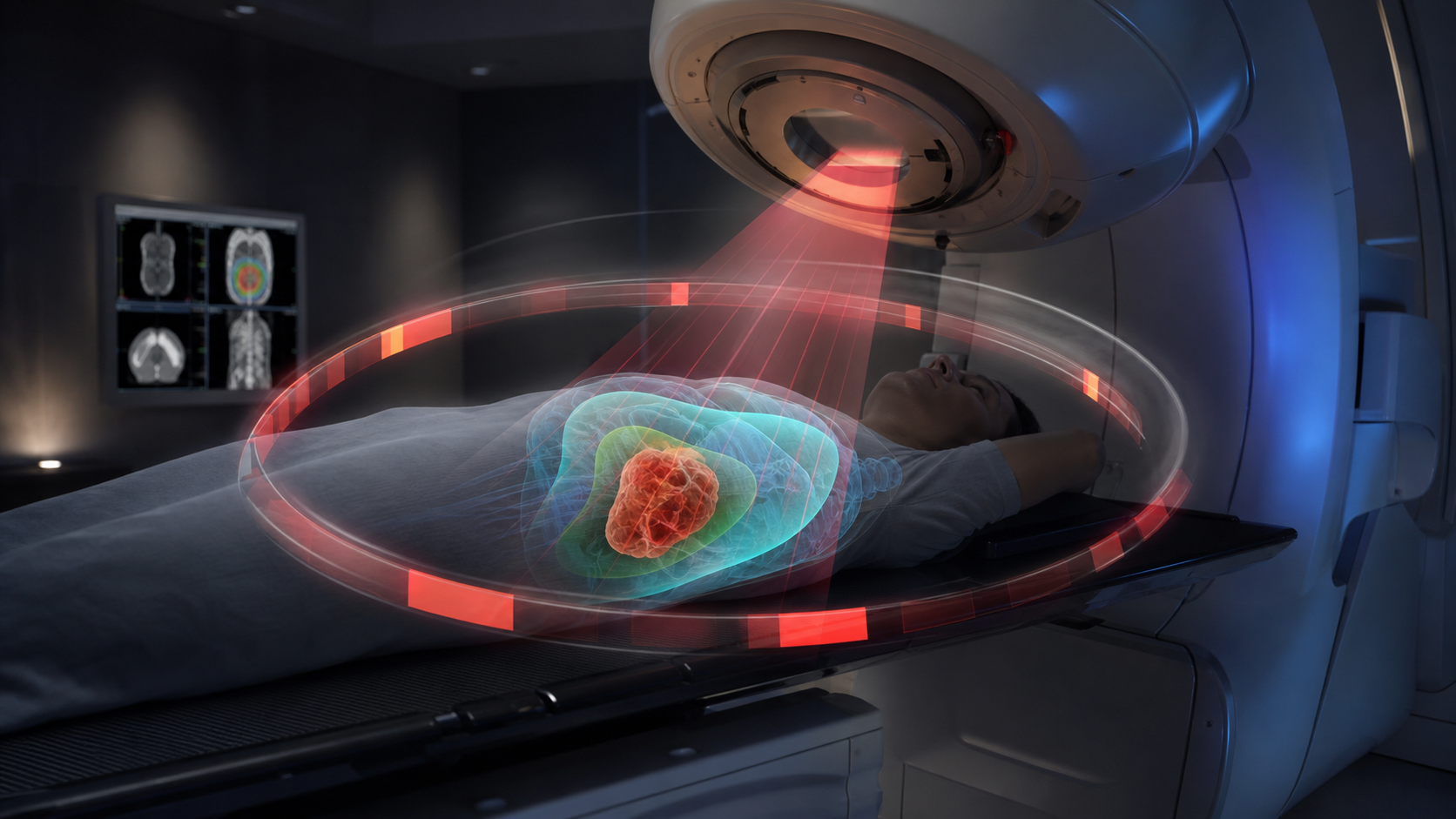 Photorealistic VMAT infographic showing a LINAC rotating in an arc while dose conforms around a tumor target.