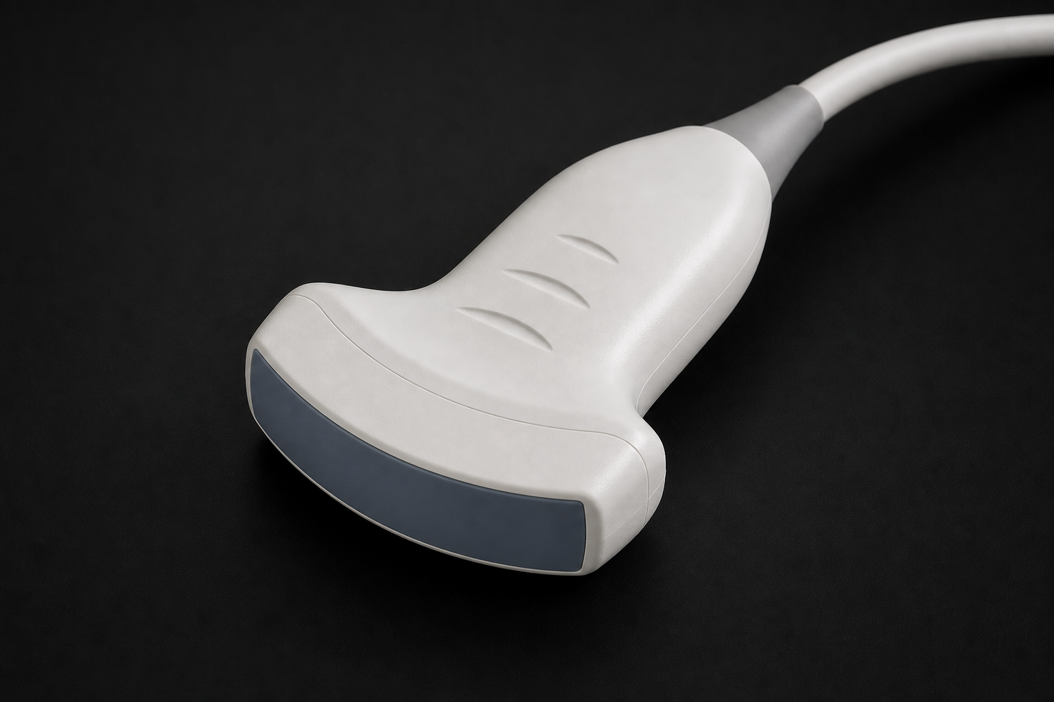 Photorealistic curvilinear ultrasound transducer with a broad curved scan head.