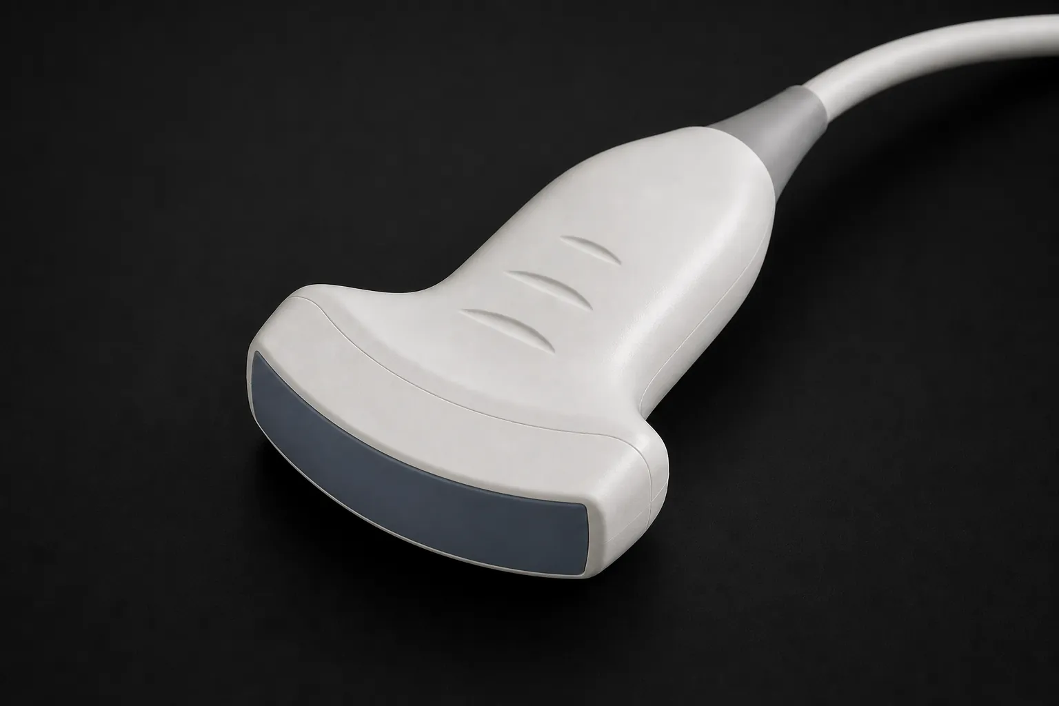 Photorealistic curvilinear ultrasound transducer with a broad curved scan head.