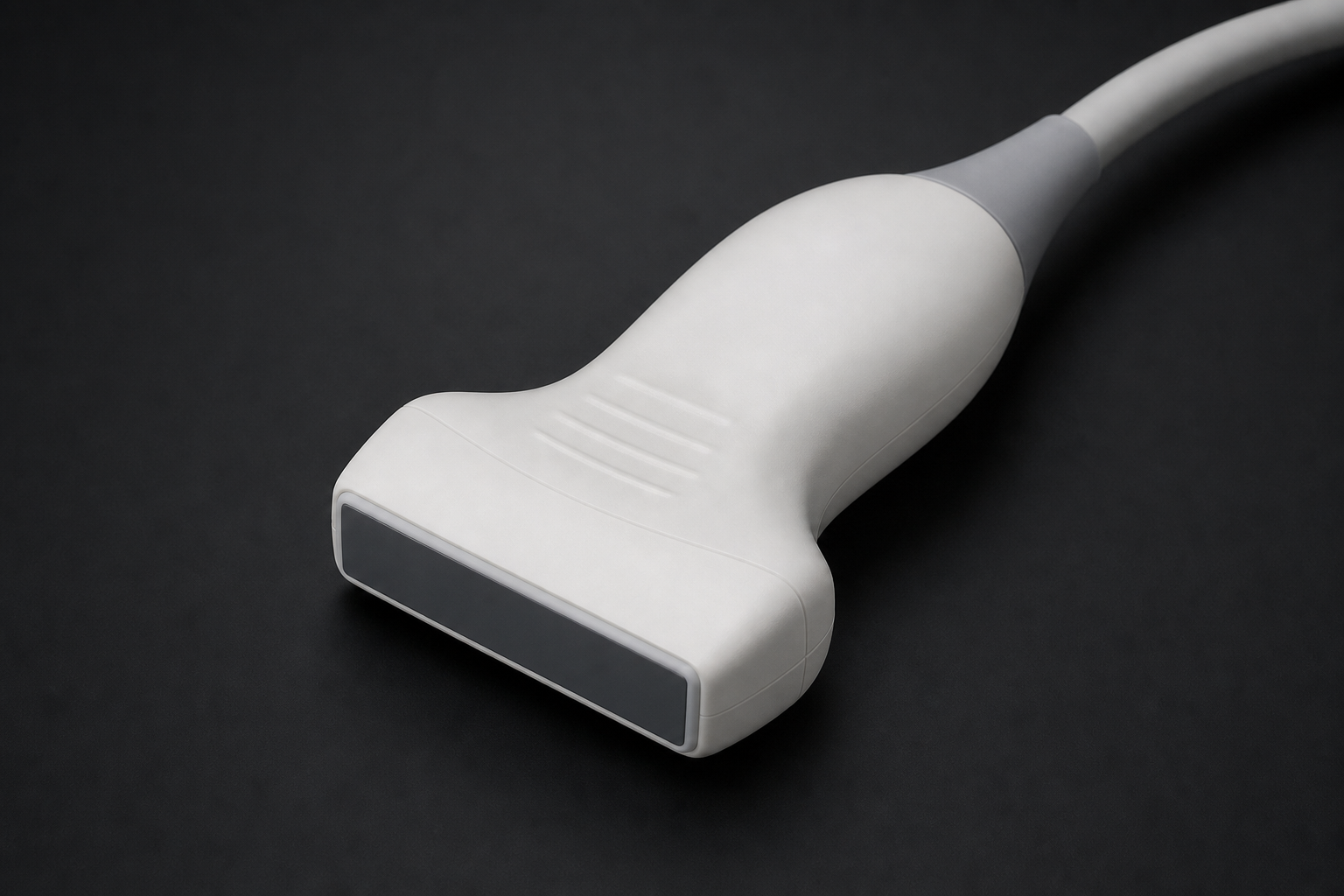 Photorealistic linear array ultrasound transducer with a flat rectangular scan head.