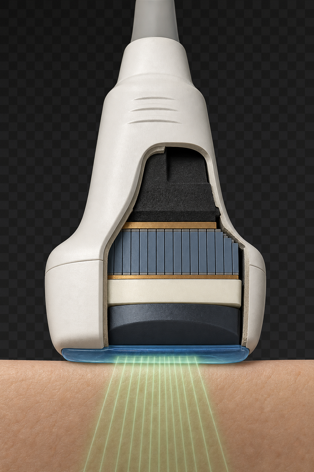Photorealistic cutaway of an ultrasound transducer showing the backing, piezoelectric crystal array, matching layer, acoustic lens, coupling gel, patient skin, and ultrasound beam.
