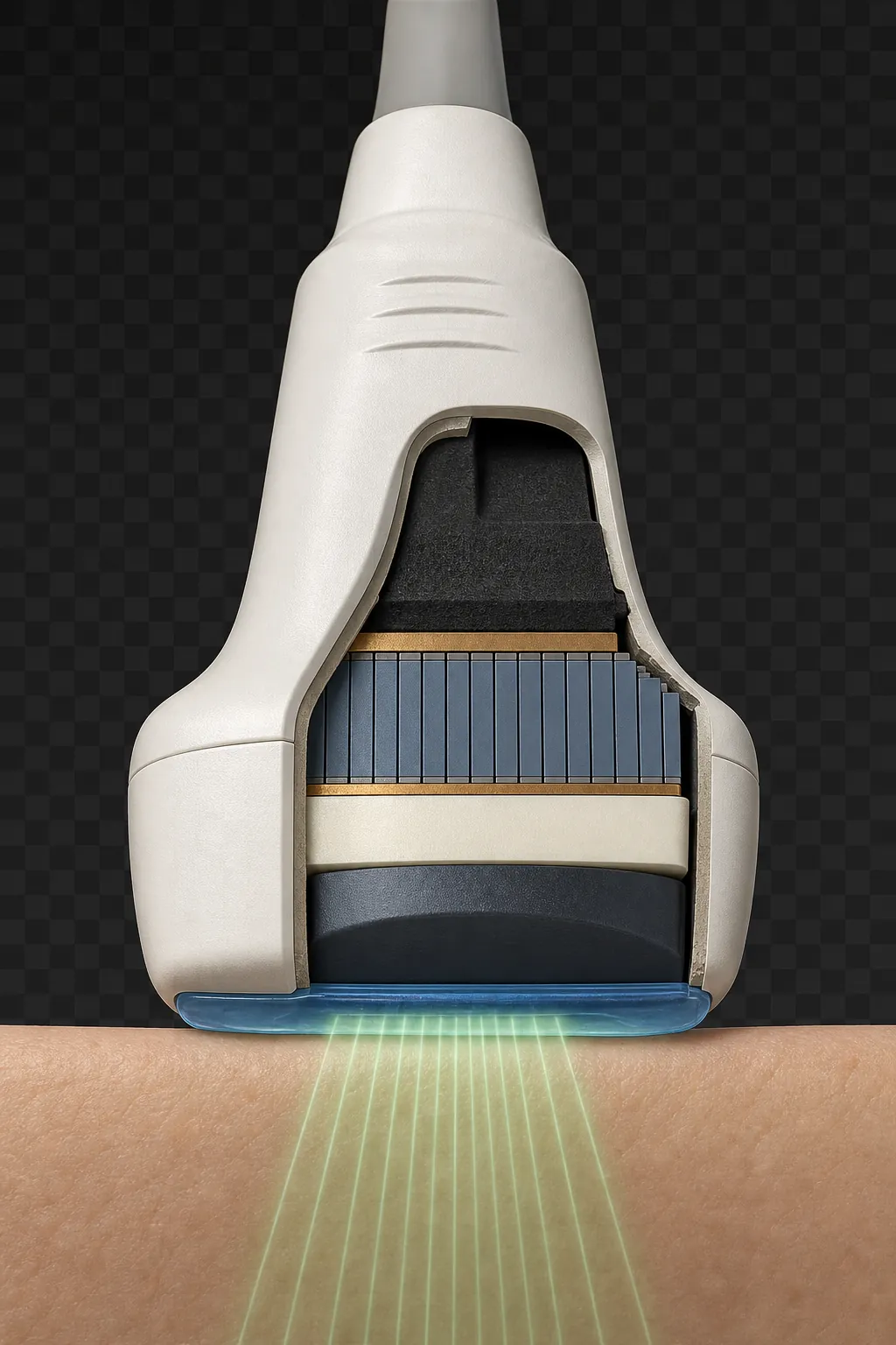 Photorealistic cutaway of an ultrasound transducer showing the backing, piezoelectric crystal array, matching layer, acoustic lens, coupling gel, patient skin, and ultrasound beam.