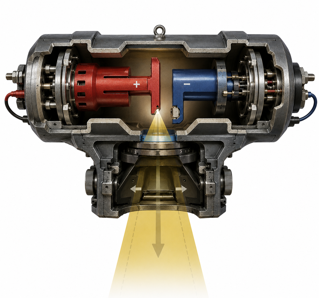 Photorealistic X-ray tube cutaway showing cathode, anode, electron beam, and X-ray emission