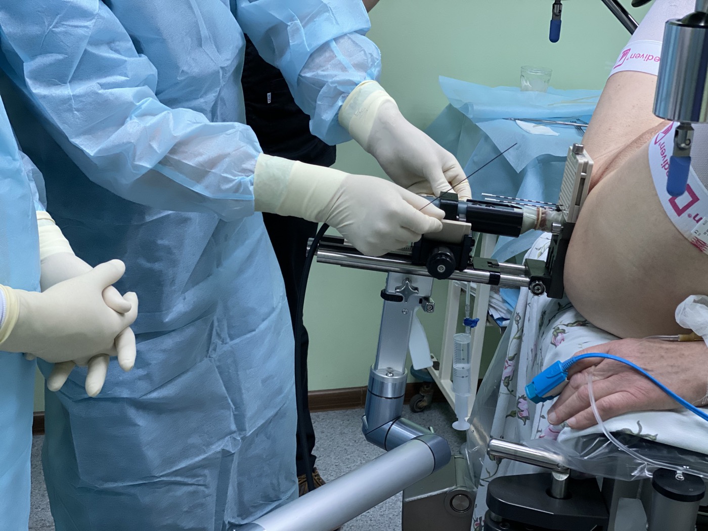 Clinical brachytherapy procedure setup representing internal radiotherapy used for pelvic cancers.
