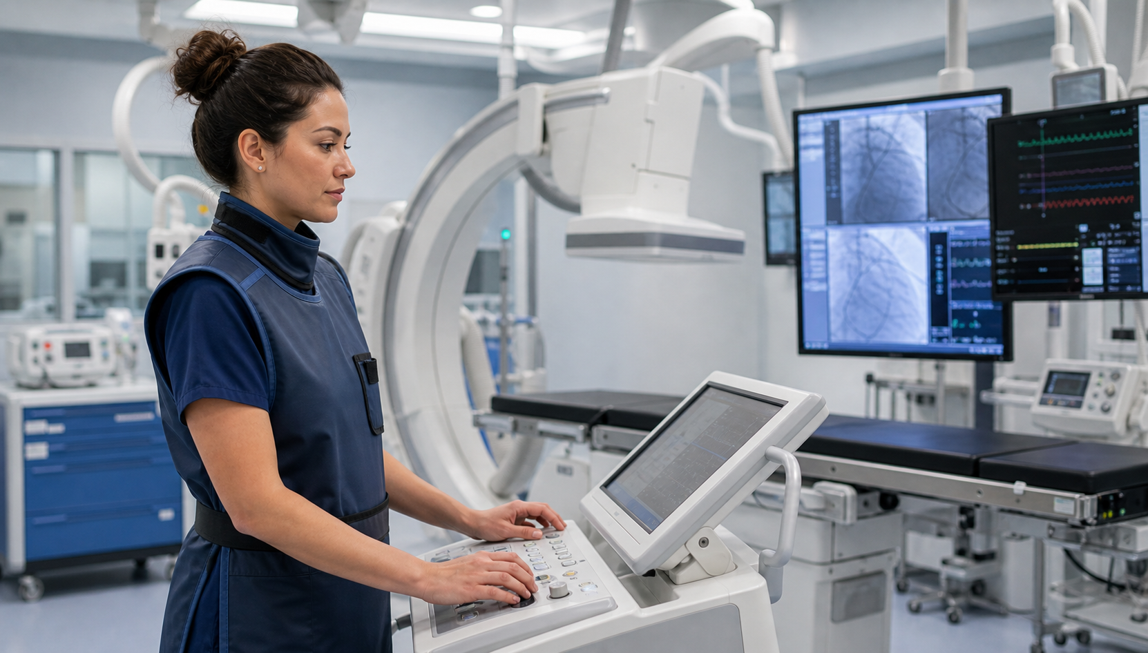 Radiologic technologist operating advanced interventional imaging equipment in a hospital suite