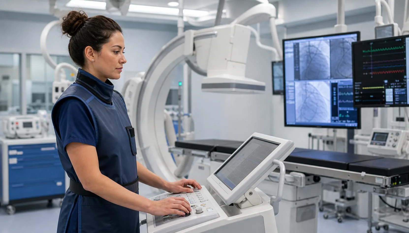 Radiologic technologist operating advanced interventional imaging equipment in a hospital suite