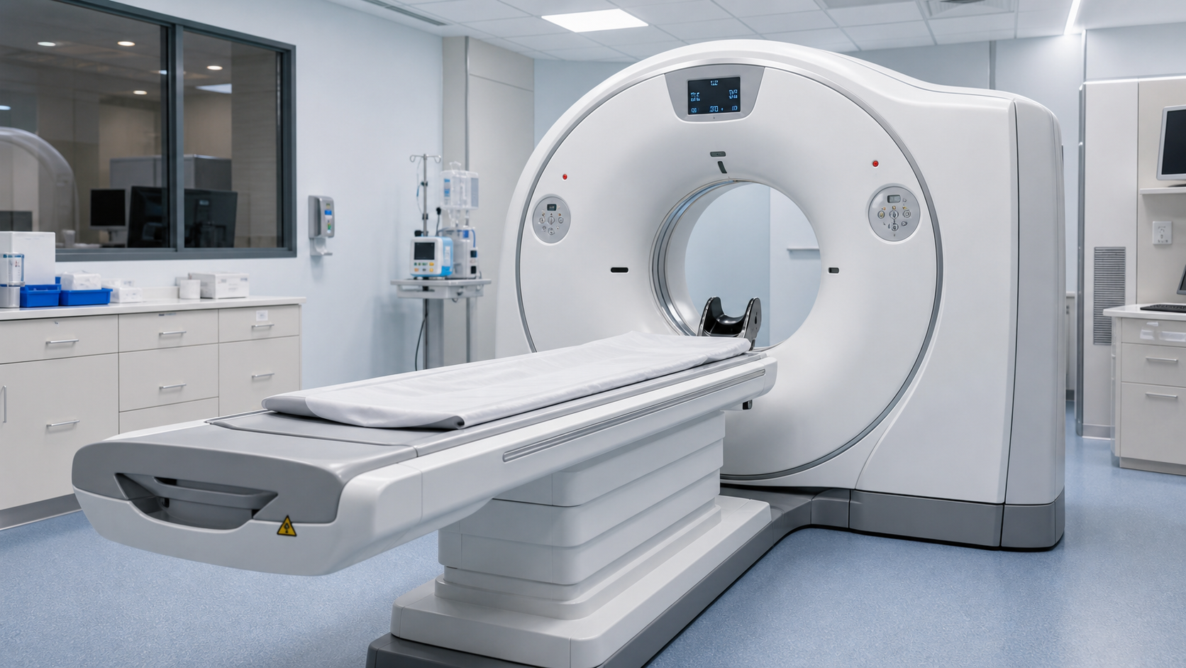 Modern CT scanner with patient table in a hospital imaging suite