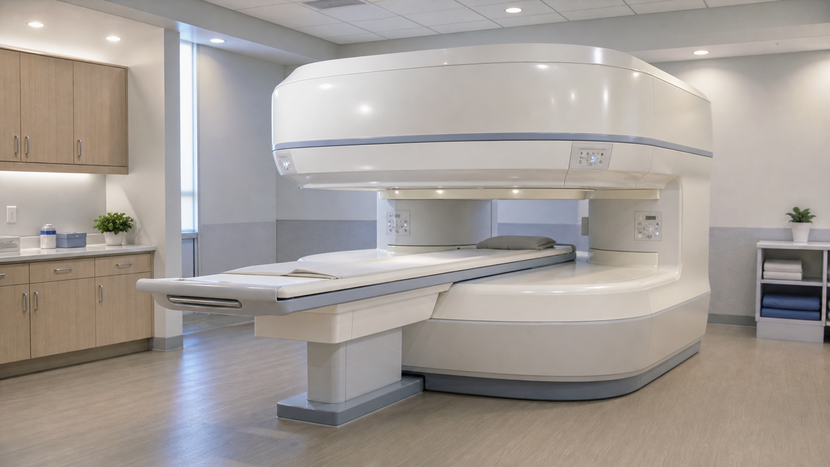 Open hamburger-style MRI scanner with patient table between two horizontal magnet plates