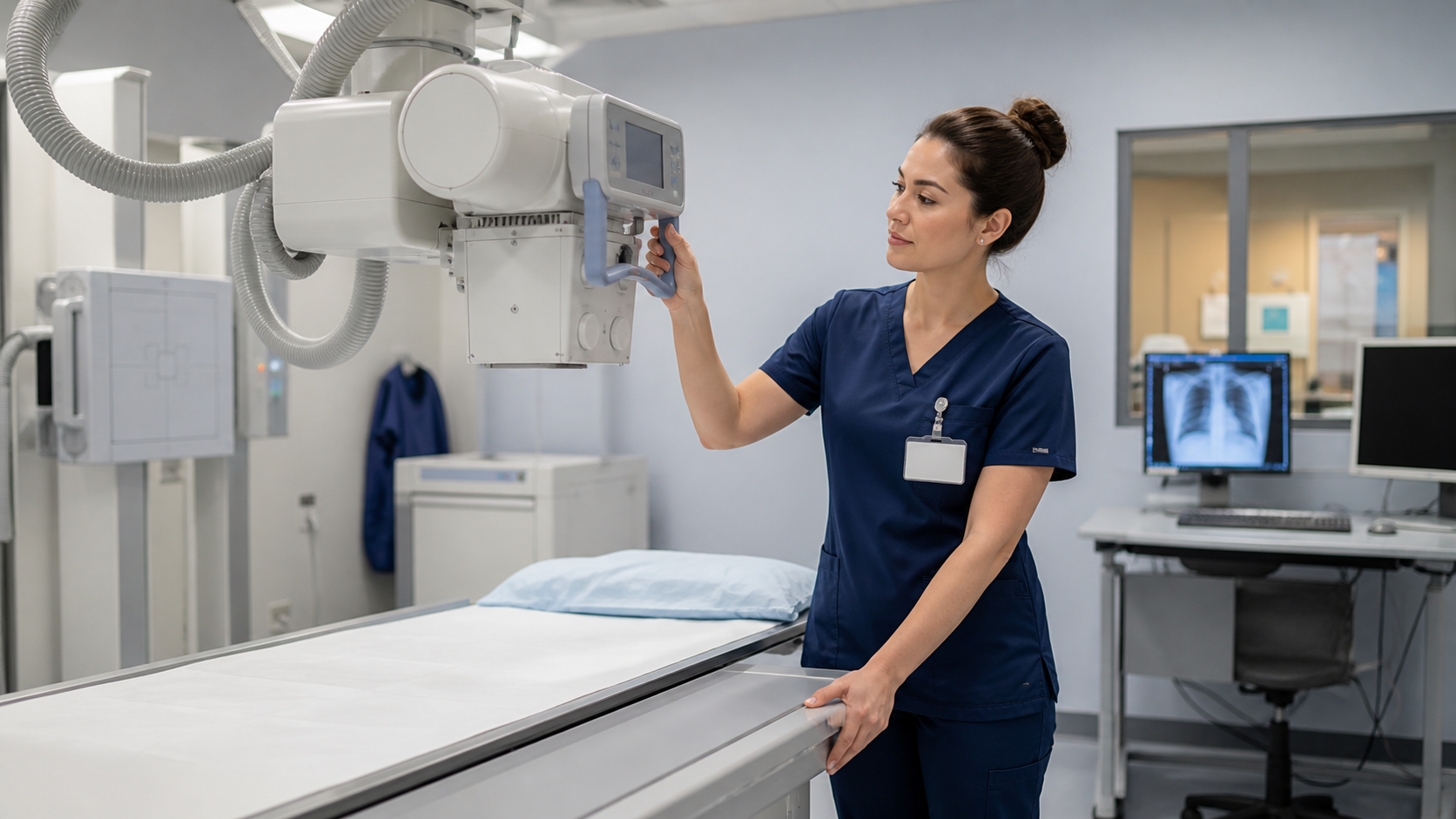 Radiographer in scrubs positioning X-ray equipment in a modern imaging room