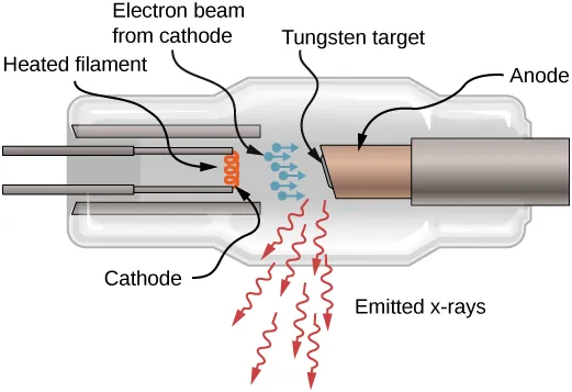 Cross-section diagram of an X-ray tube showing cathode, anode, and X-ray beam